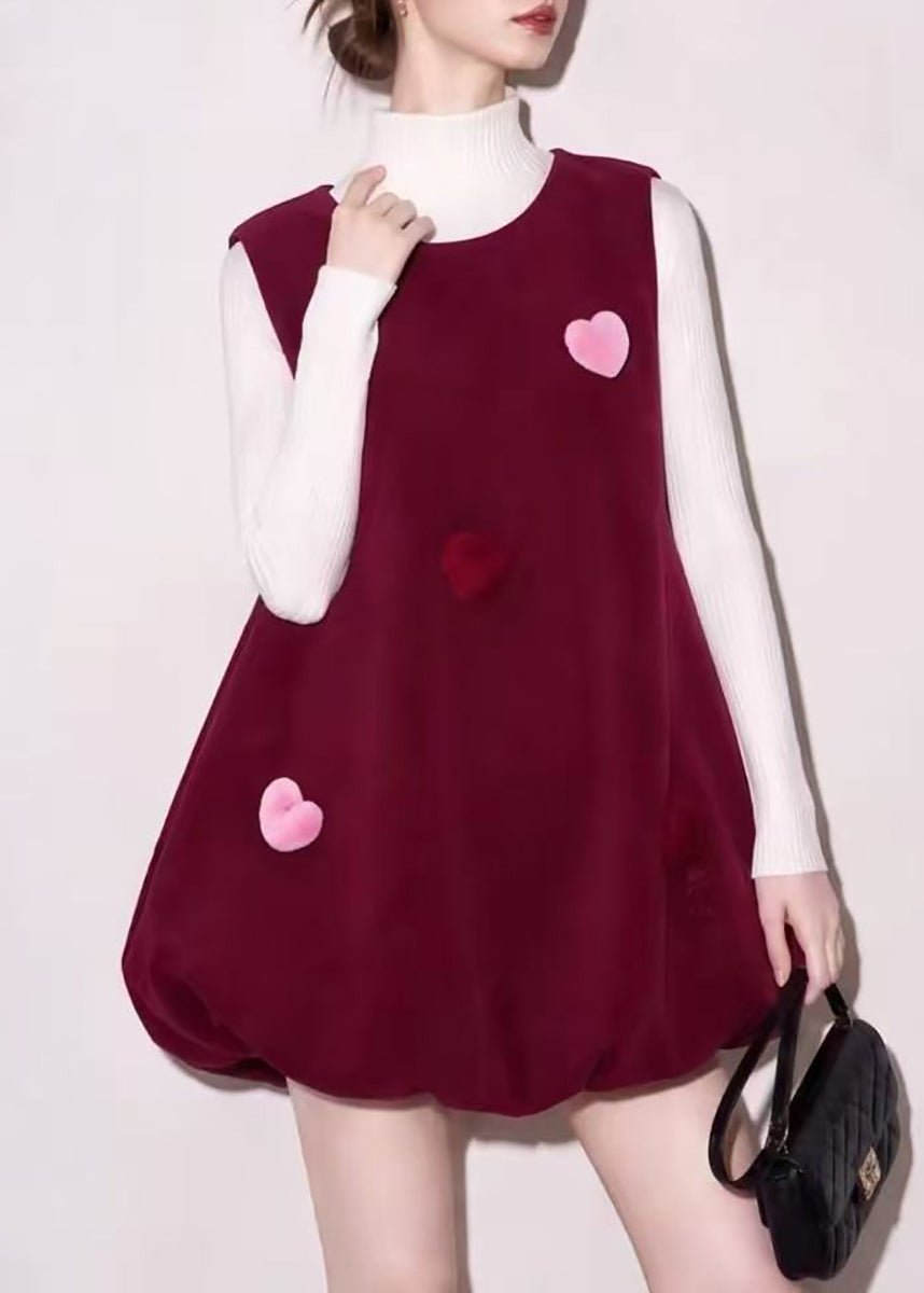 Simple Mulberry Hign Neck Knit Top And Stereoscopic Heart Bubble Vest Dress Two Pieces Set Fall