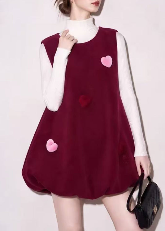 Simple Mulberry Hign Neck Knit Top And Stereoscopic Heart Bubble Vest Dress Two Pieces Set Fall