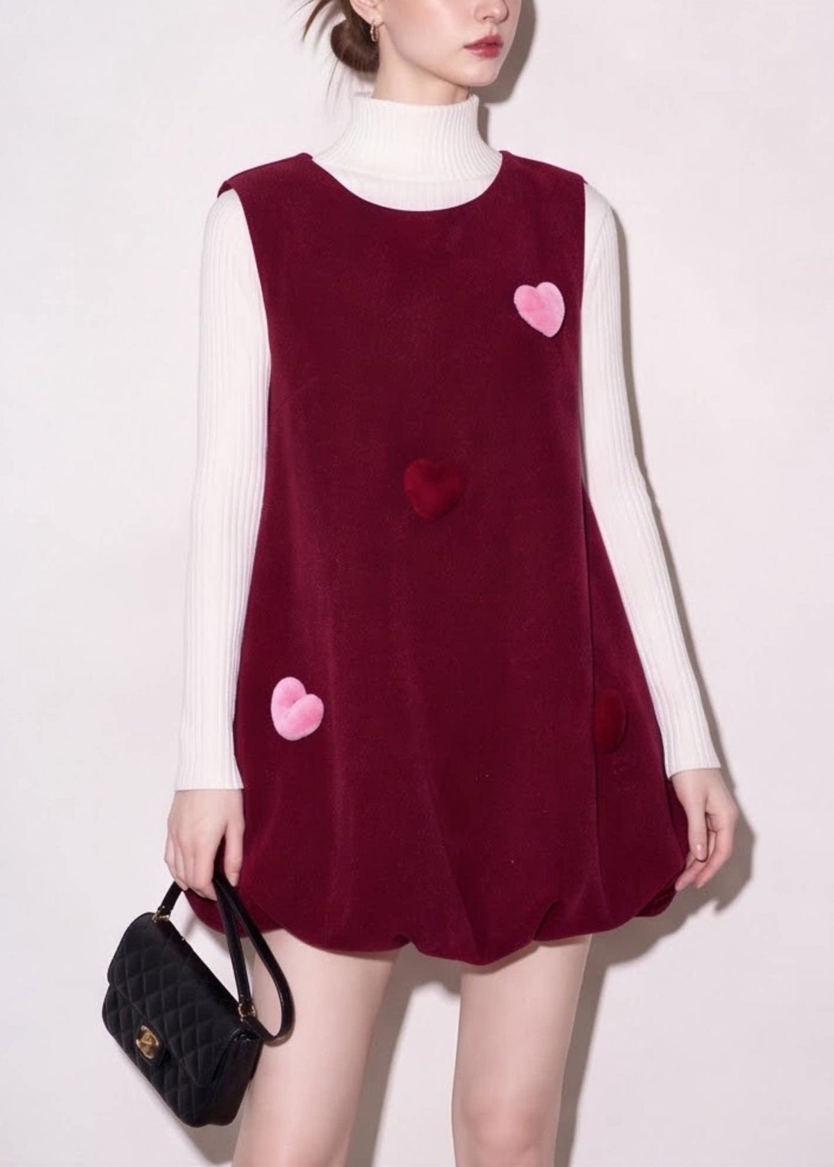 Simple Mulberry Hign Neck Knit Top And Stereoscopic Heart Bubble Vest Dress Two Pieces Set Fall