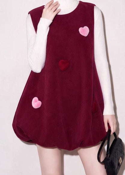 Simple Mulberry Hign Neck Knit Top And Stereoscopic Heart Bubble Vest Dress Two Pieces Set Fall