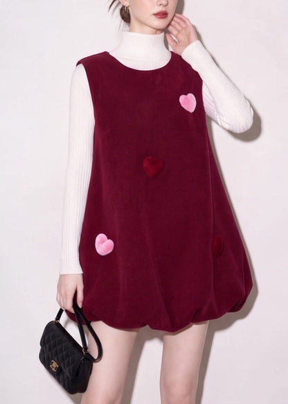 Simple Mulberry Hign Neck Knit Top And Stereoscopic Heart Bubble Vest Dress Two Pieces Set Fall