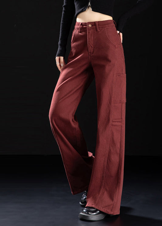 Simple Mulberry Oversized Patchwork Warm Fleece Straight Pants Winter