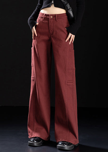 Simple Mulberry Oversized Patchwork Warm Fleece Straight Pants Winter