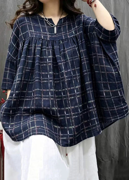 Simple Navy  Plaid V Neck Oversized Shirt Bracelet Sleeve