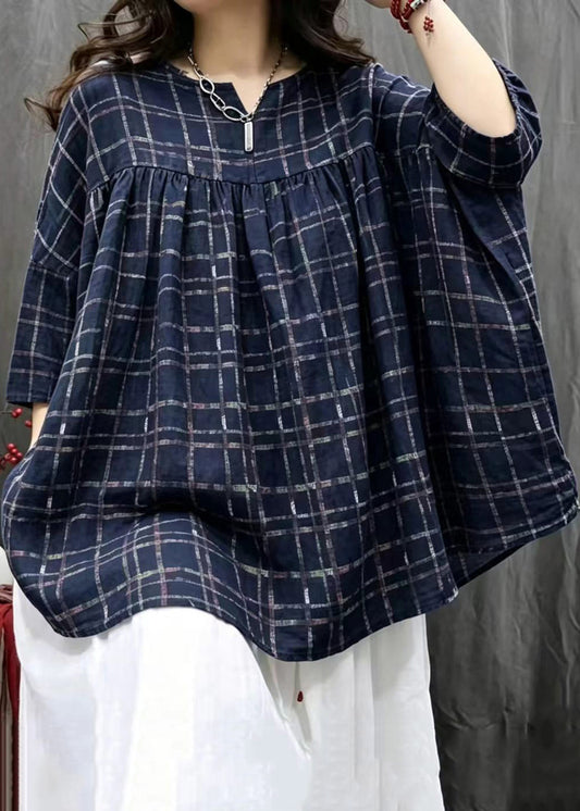 Simple Navy  Plaid V Neck Oversized Shirt Bracelet Sleeve