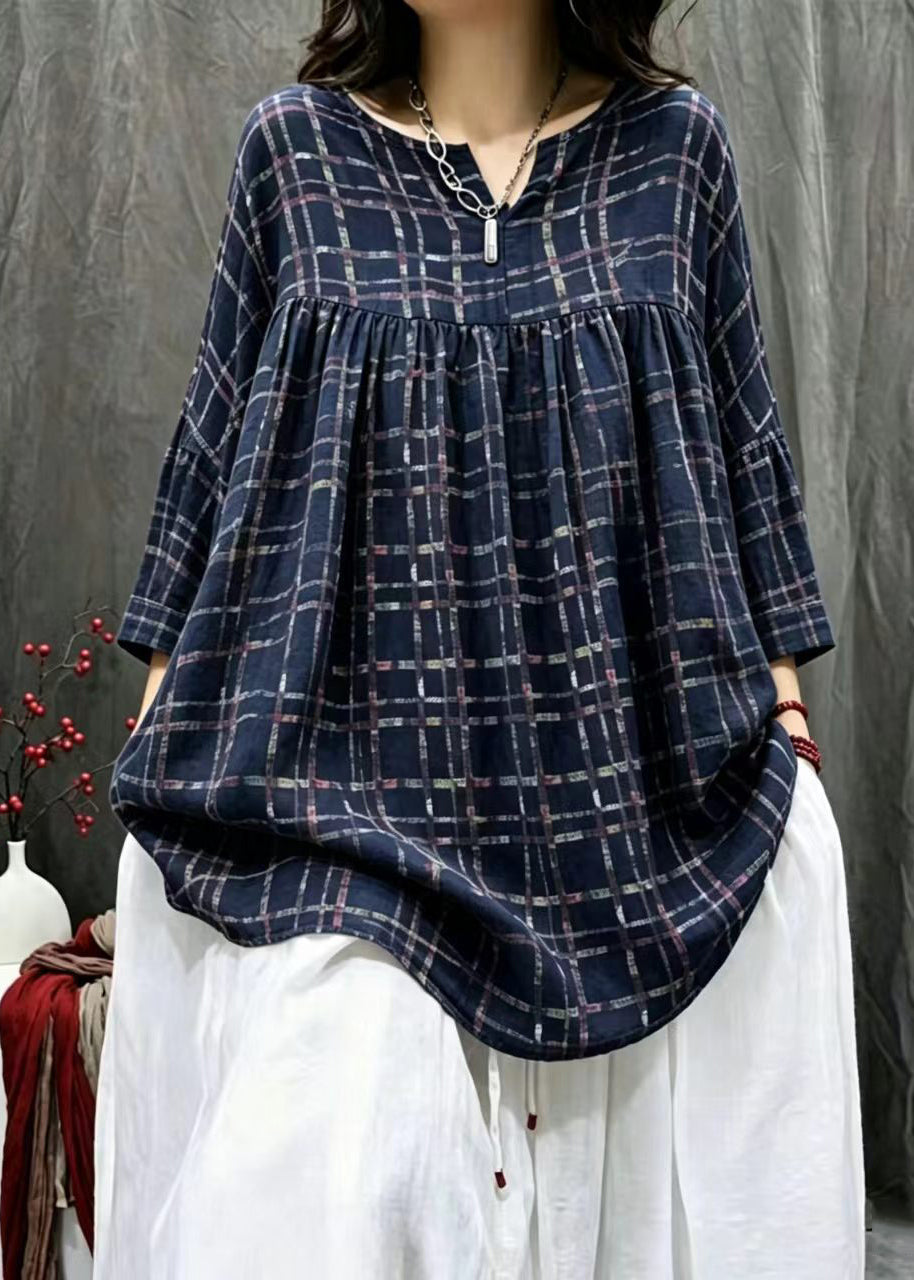 Simple Navy  Plaid V Neck Oversized Shirt Bracelet Sleeve