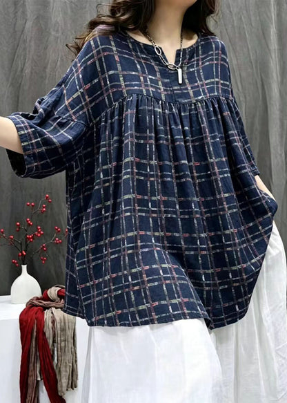 Simple Navy  Plaid V Neck Oversized Shirt Bracelet Sleeve