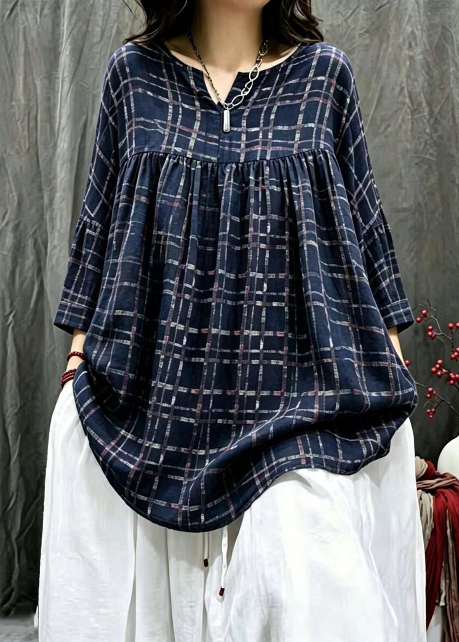 Simple Navy  Plaid V Neck Oversized Shirt Bracelet Sleeve