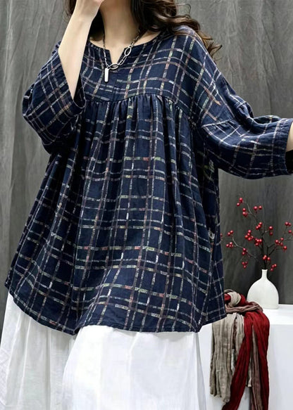 Simple Navy  Plaid V Neck Oversized Shirt Bracelet Sleeve