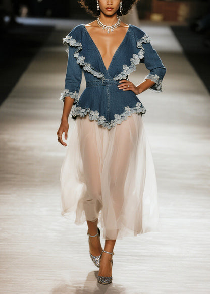 Simple Navy Flower Decorated Patchwork Tulle Long Dress Spring