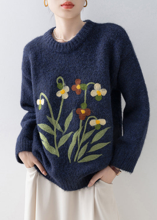 Simple Navy O Neck Floral Knit Pullover Spring