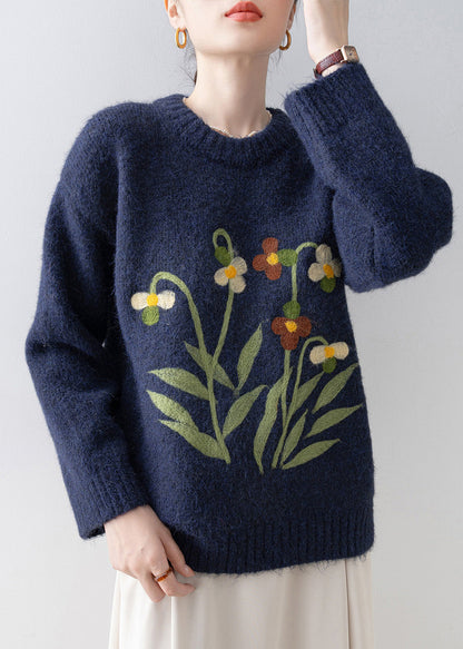 Simple Navy O Neck Floral Knit Pullover Spring