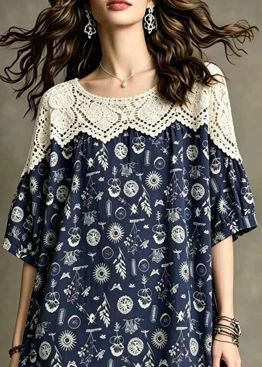 Simple Navy O-Neck Lace Patchwork Print Tops Half Sleeve