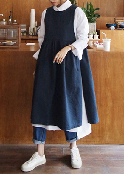 Simple Navy O Neck Lace Up Side Open Cotton Tank Dress Sleeveless