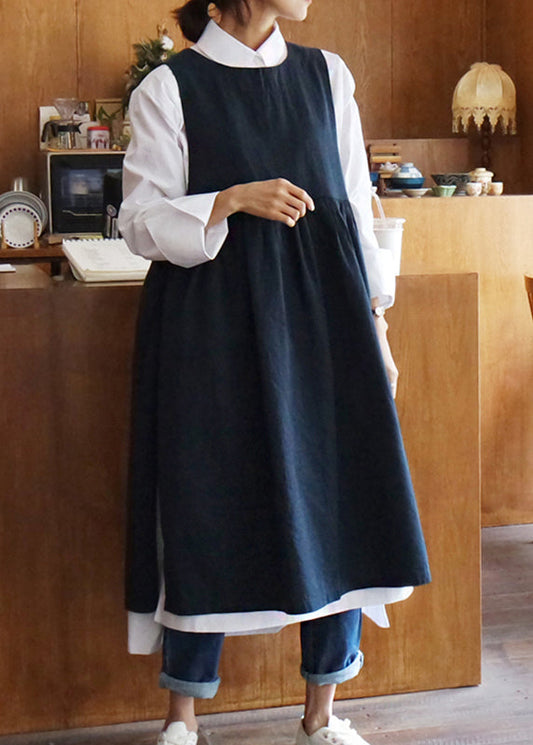 Simple Navy O Neck Lace Up Side Open Cotton Tank Dress Sleeveless