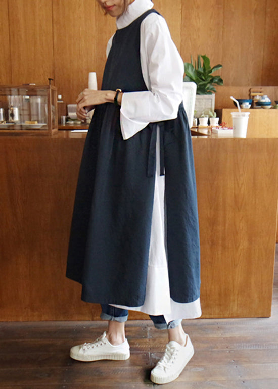 Simple Navy O Neck Lace Up Side Open Cotton Tank Dress Sleeveless