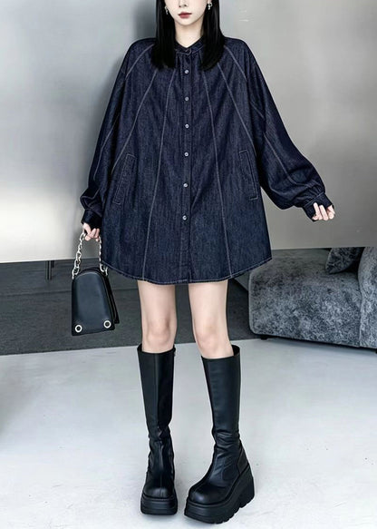 Simple Navy Oversized Topstitching Denim Long Shirt Long Sleeves