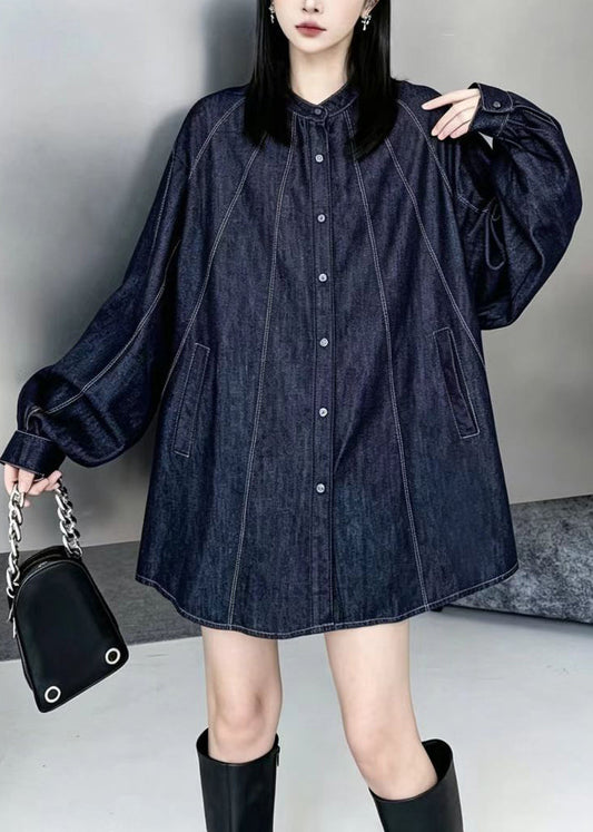 Simple Navy Oversized Topstitching Denim Long Shirt Long Sleeves