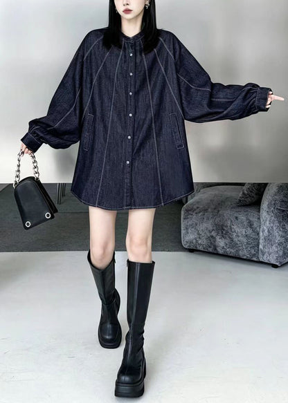 Simple Navy Oversized Topstitching Denim Long Shirt Long Sleeves