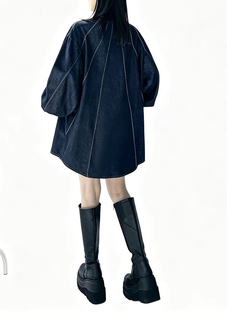 Simple Navy Oversized Topstitching Denim Long Shirt Long Sleeves