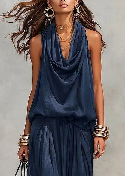 Simple Navy Oversized Two Piece Set Women Clothing Sleeveless