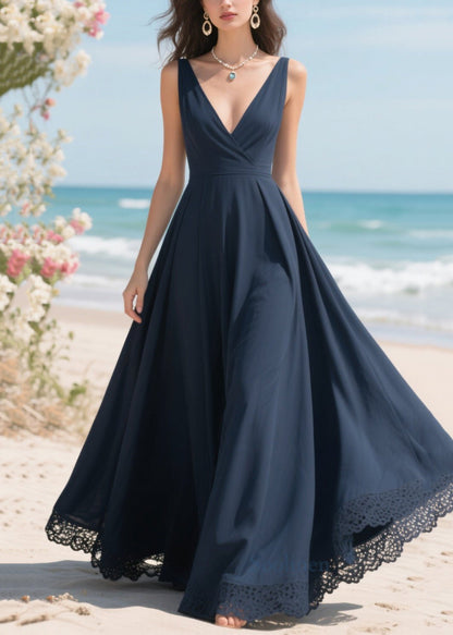 Simple Navy Patchwork Lace Exra Large Hem Party Dress Summer