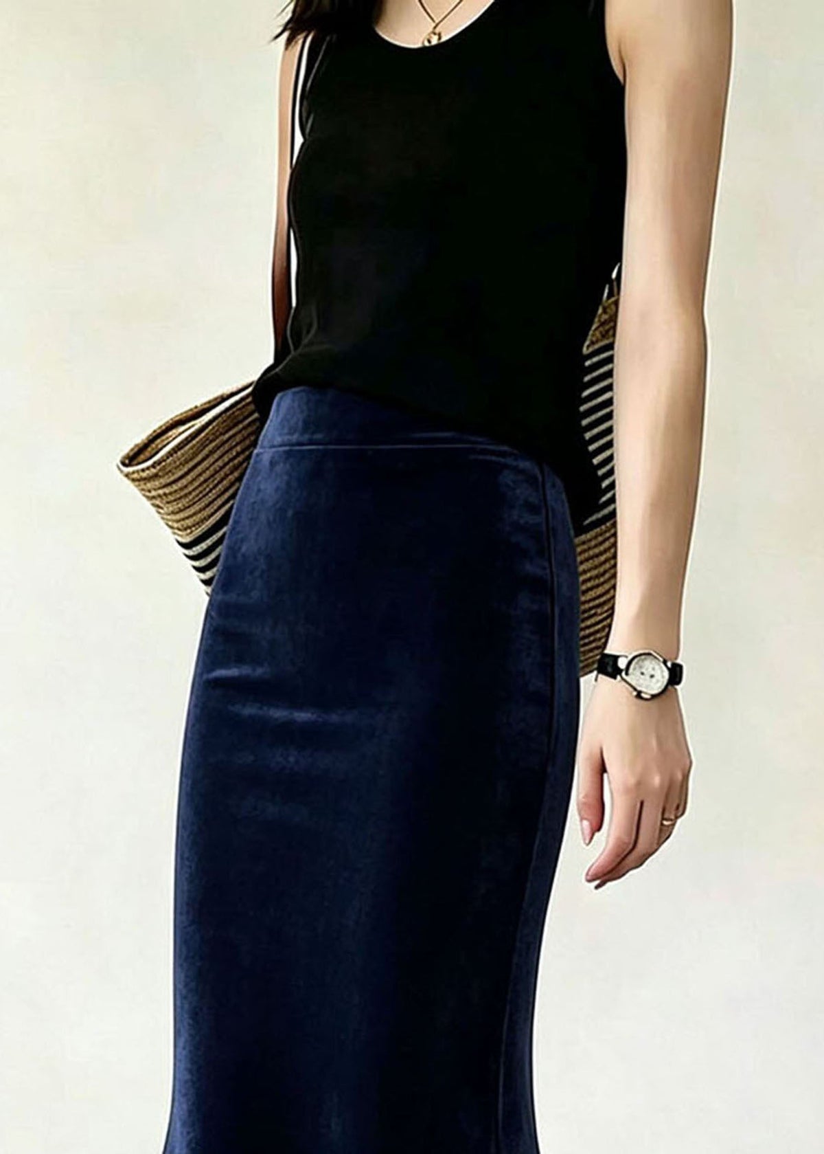 Simple Navy Ruffled Asymmetrical Silk Velvet Mermaid Skirts Fall