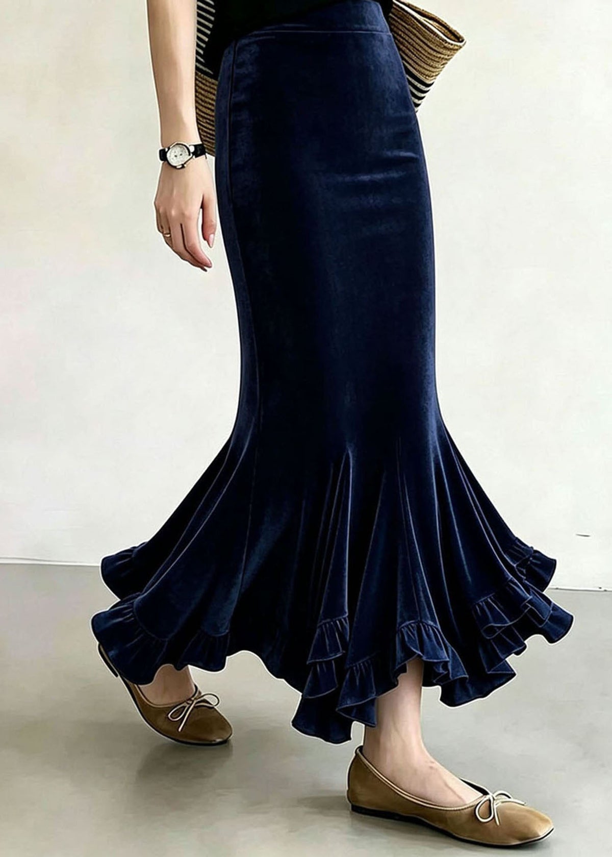 Simple Navy Ruffled Asymmetrical Silk Velvet Mermaid Skirts Fall