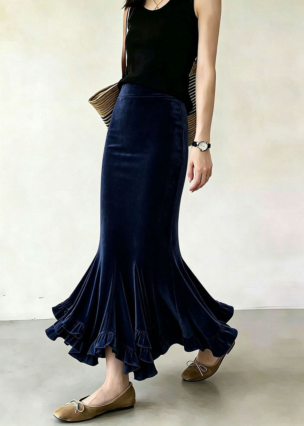 Simple Navy Ruffled Asymmetrical Silk Velvet Mermaid Skirts Fall