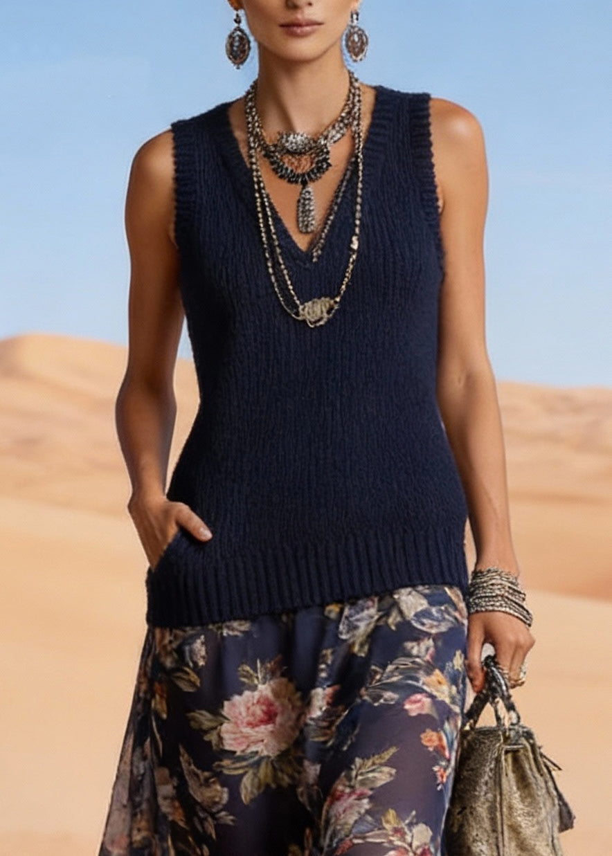 Simple Navy V Neck Print Chiffon Patchwork Knit Long Dress Summer