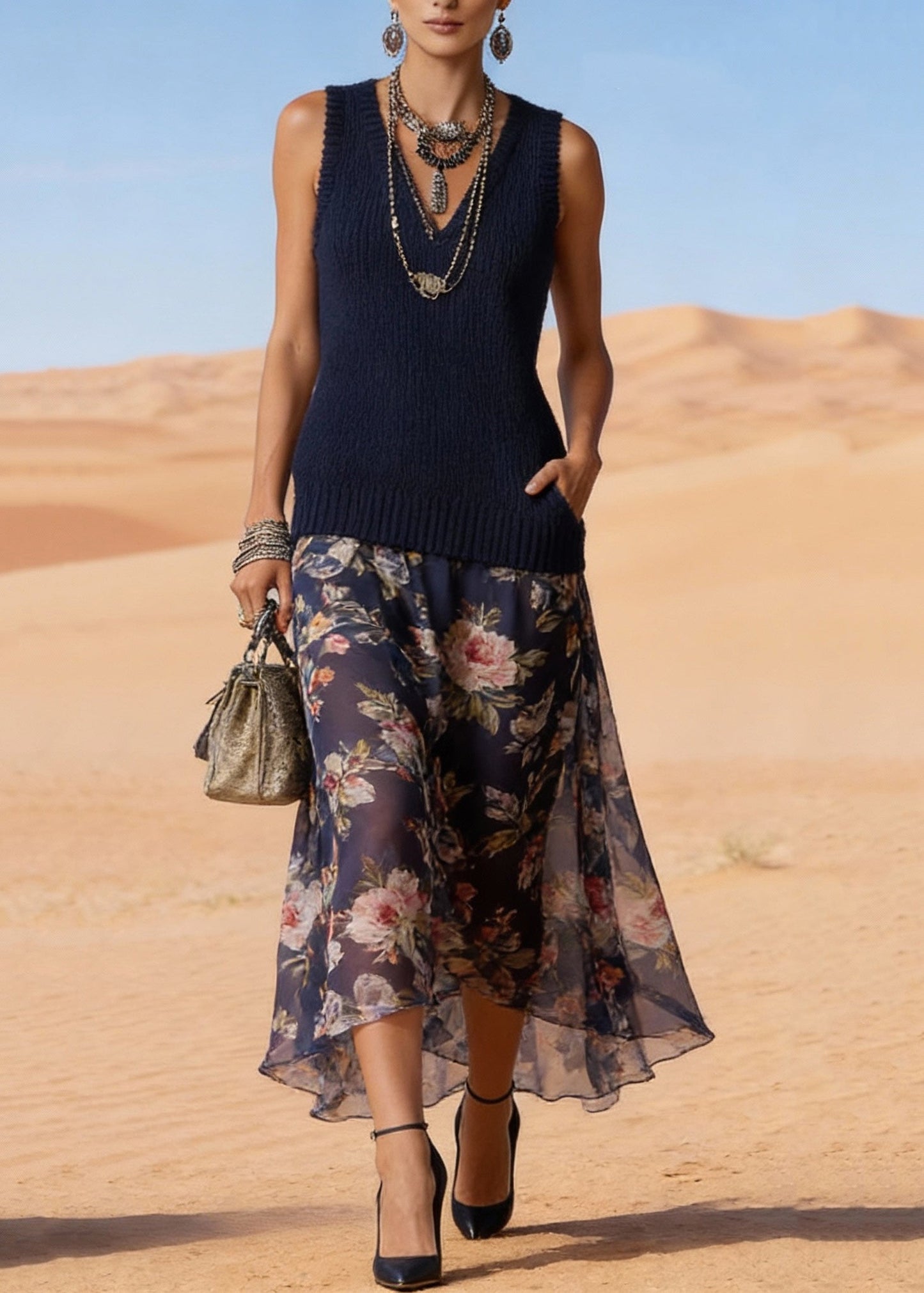 Simple Navy V Neck Print Chiffon Patchwork Knit Long Dress Summer
