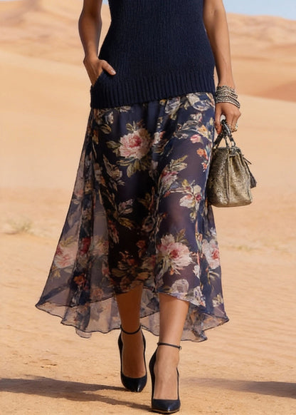 Simple Navy V Neck Print Chiffon Patchwork Knit Long Dress Summer