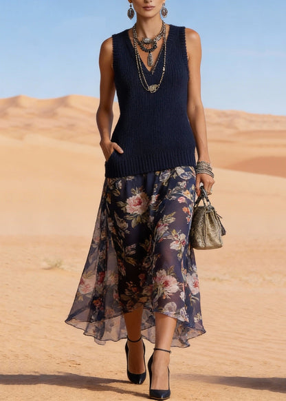 Simple Navy V Neck Print Chiffon Patchwork Knit Long Dress Summer