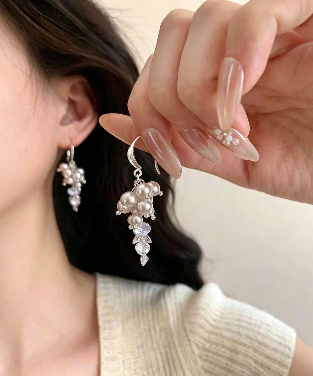 Simple Nude Pearl Crystal Silver Plated Hook Earrings Drop Earrings