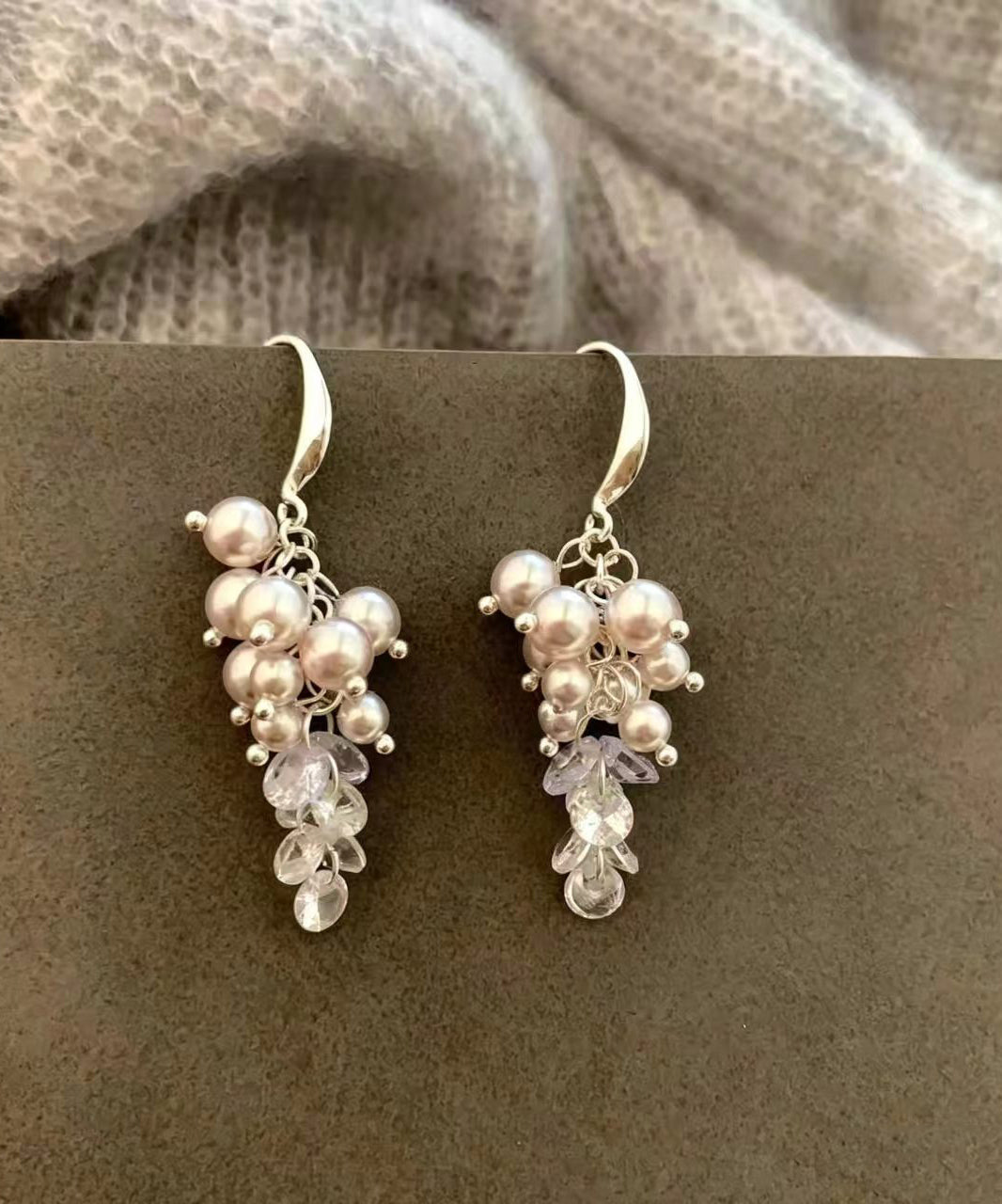 Simple Nude Pearl Crystal Silver Plated Hook Earrings Drop Earrings