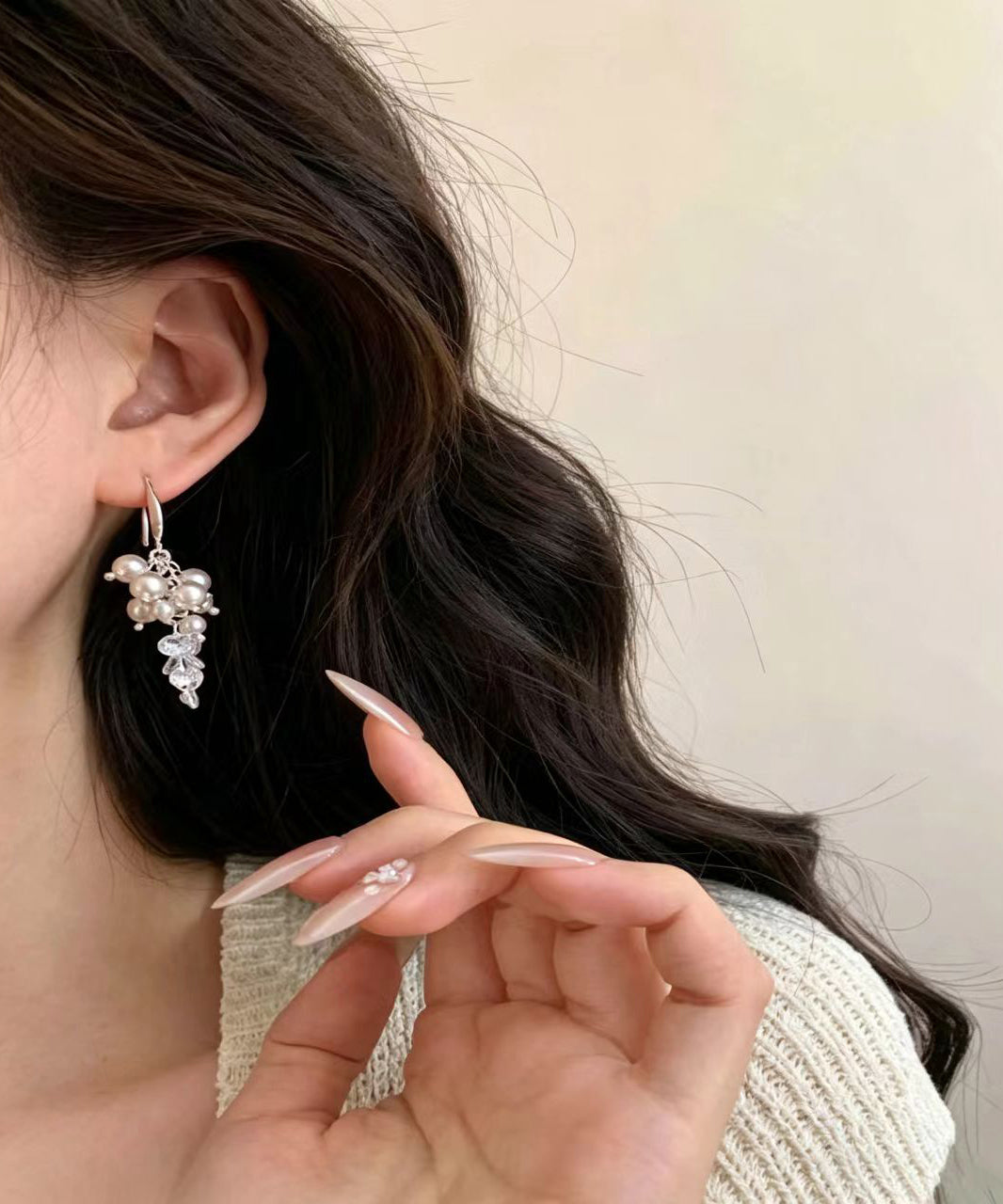 Simple Nude Pearl Crystal Silver Plated Hook Earrings Drop Earrings