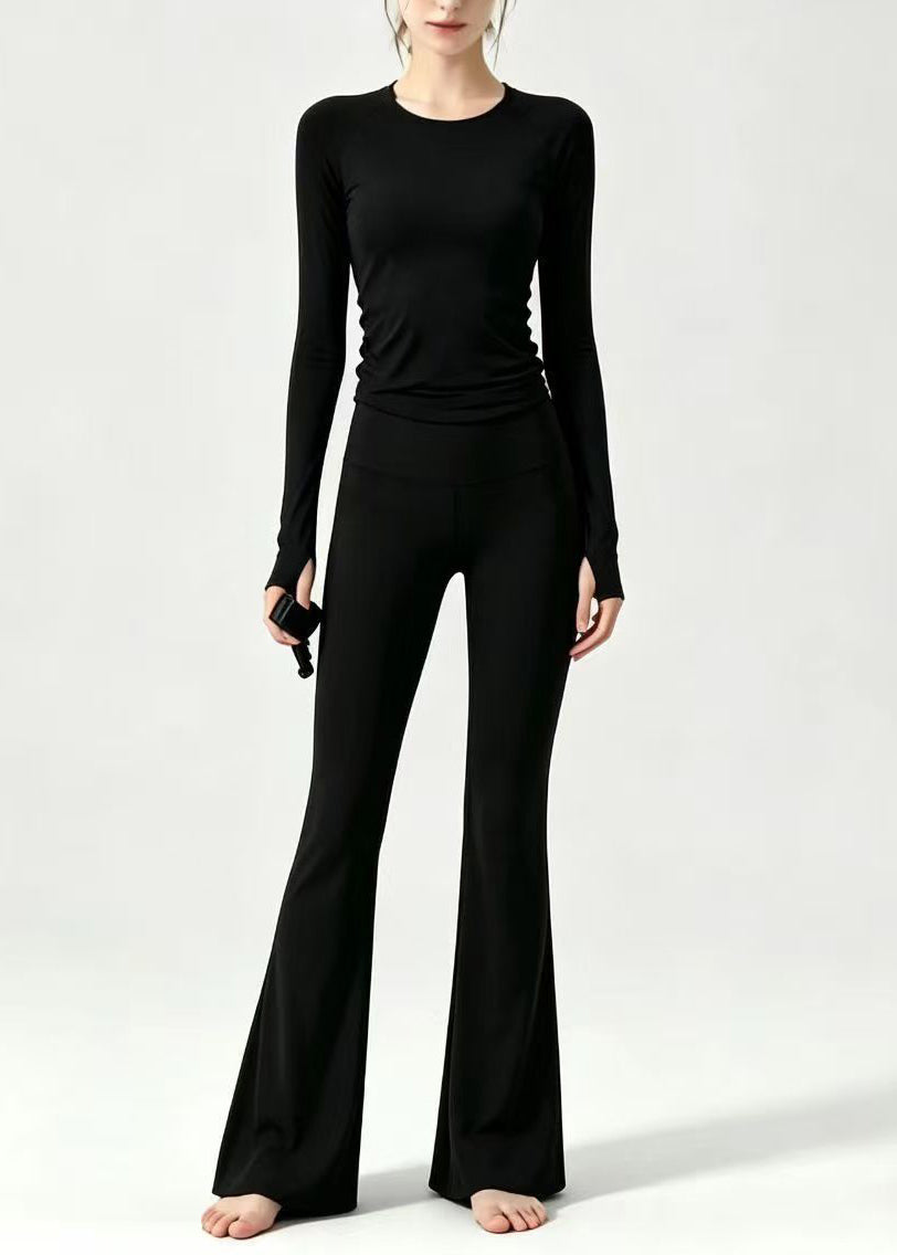 Simple O-Neck Black Top Long Sleeve High Waist Flared Pants Athletic Yoga Set Outfit