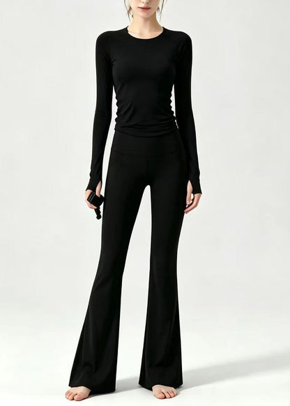 Simple O-Neck Black Top Long Sleeve High Waist Flared Pants Athletic Yoga Set Outfit