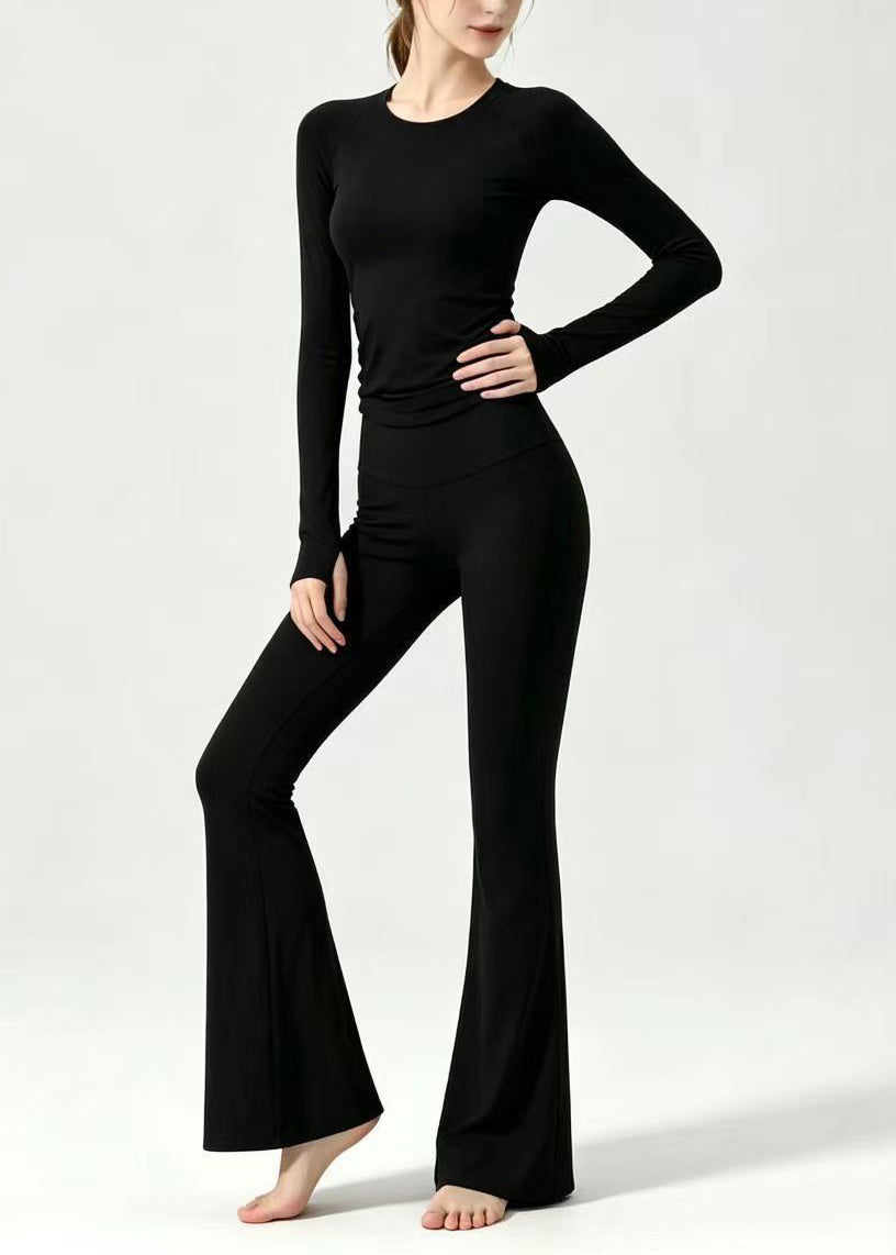 Simple O-Neck Black Top Long Sleeve High Waist Flared Pants Athletic Yoga Set Outfit