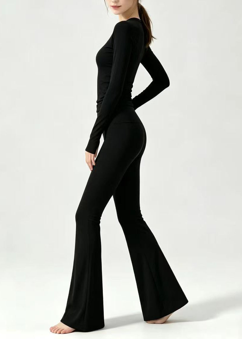 Simple O-Neck Black Top Long Sleeve High Waist Flared Pants Athletic Yoga Set Outfit