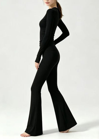 Simple O-Neck Black Top Long Sleeve High Waist Flared Pants Athletic Yoga Set Outfit