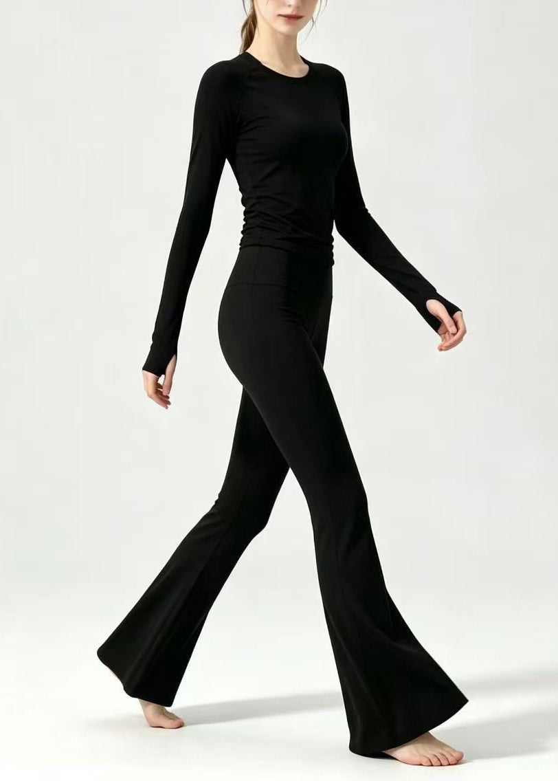 Simple O-Neck Black Top Long Sleeve High Waist Flared Pants Athletic Yoga Set Outfit