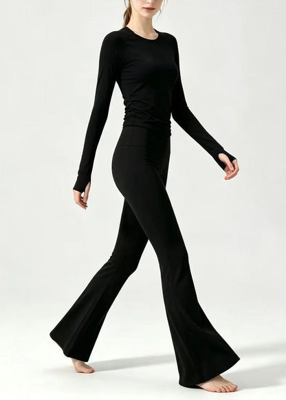 Simple O-Neck Black Top Long Sleeve High Waist Flared Pants Athletic Yoga Set Outfit