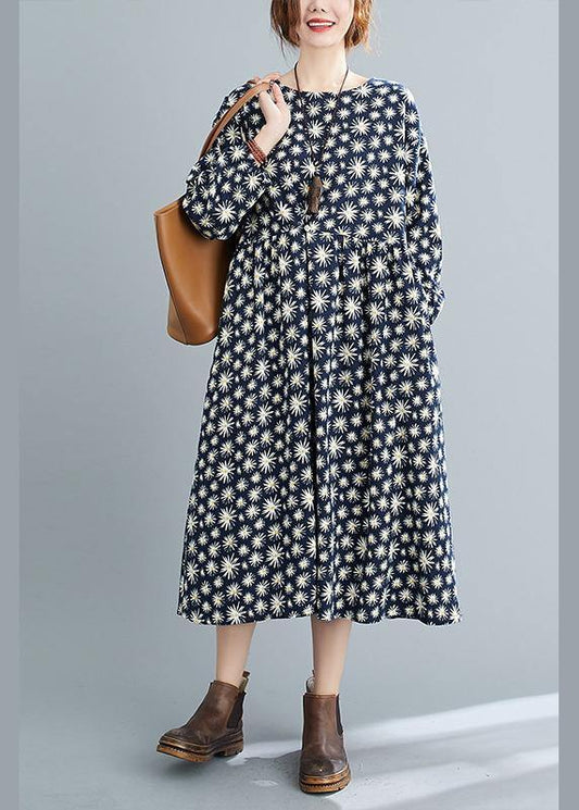 Simple O Neck Cinched Spring Dresses Runway Navy Floral Kaftan Dress - SooLinen