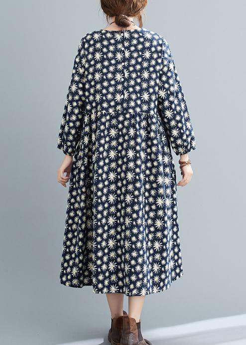 Simple O Neck Cinched Spring Dresses Runway Navy Floral Kaftan Dress - SooLinen