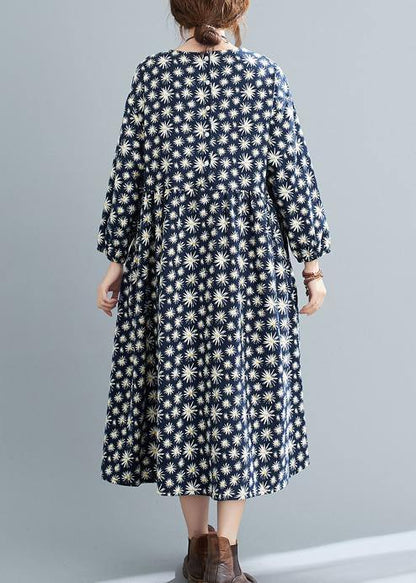 Simple O Neck Cinched Spring Dresses Runway Navy Floral Kaftan Dress - SooLinen