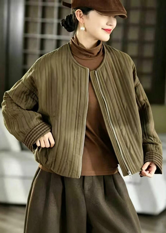 Simple Olive Green O-Neck Quilted Pockets Thin Cotton Filled Jacket Winter