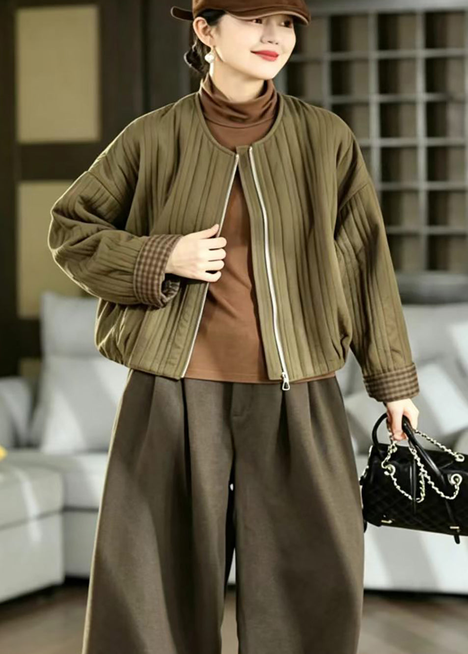 Simple Olive Green O-Neck Quilted Pockets Thin Cotton Filled Jacket Winter