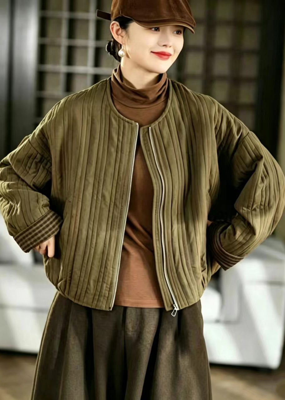 Simple Olive Green O-Neck Quilted Pockets Thin Cotton Filled Jacket Winter