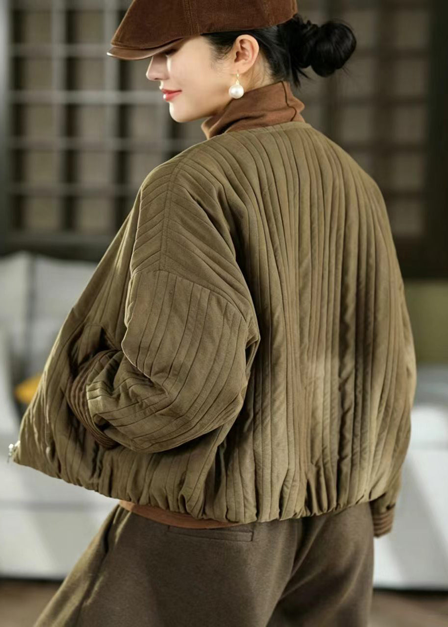 Simple Olive Green O-Neck Quilted Pockets Thin Cotton Filled Jacket Winter